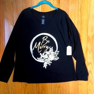 NWT St Johns Bay XL Be Merry Black & Gold Top